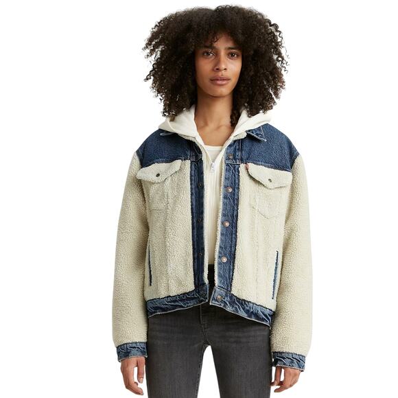 LEVI'S EX-BOYFRIEND Pieced Sherpa Denim Trucker Jacket "all goes wool" S NWT - Picture 1 of 5